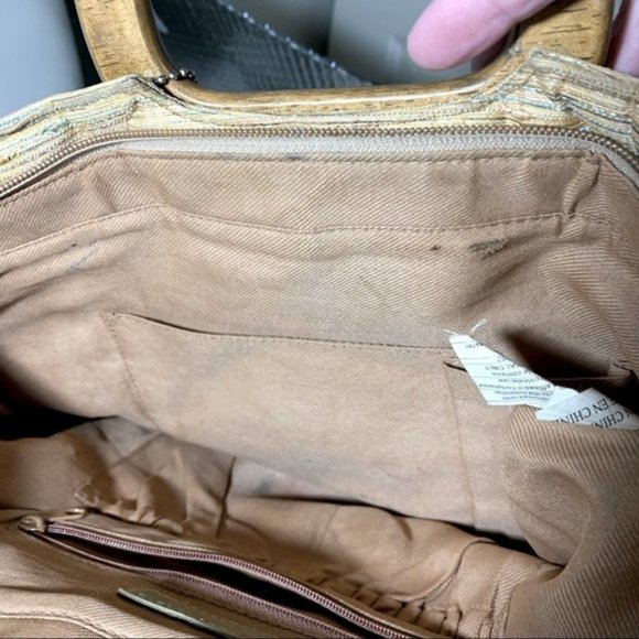 Cabrelli Vintage Tapestry Style Hand Bag Earth Tone Golden Wooden - Picture 8 of 10